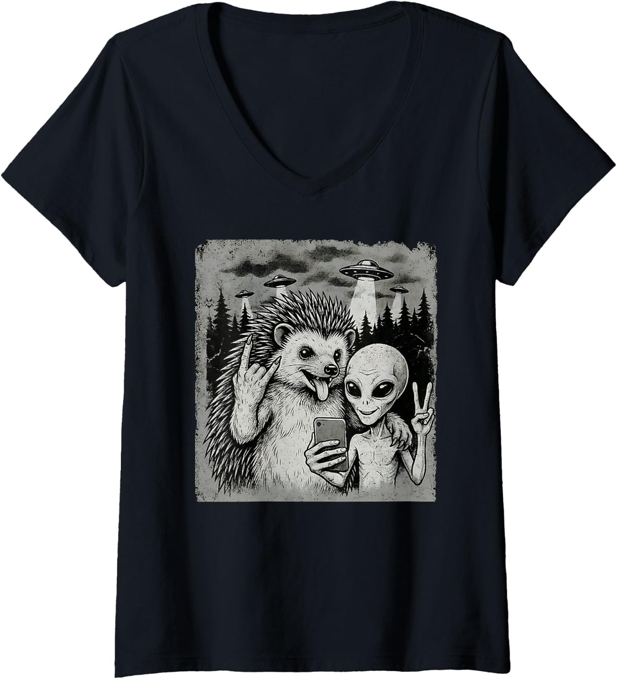 Women's Funny Hedgehog and Alien Rock On Hand Sign UFO Selfie V-Neck T-Shirt - Black