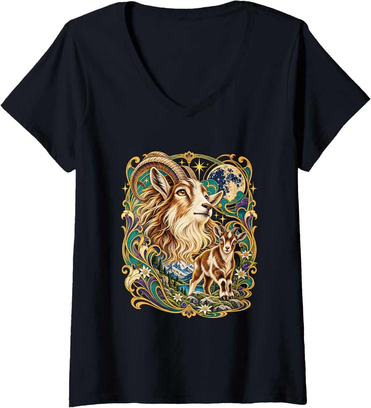 Women's Art Nouveau Mountain Goat and Kid Full Moon Nature Landscape V-Neck T-Shirt - Black