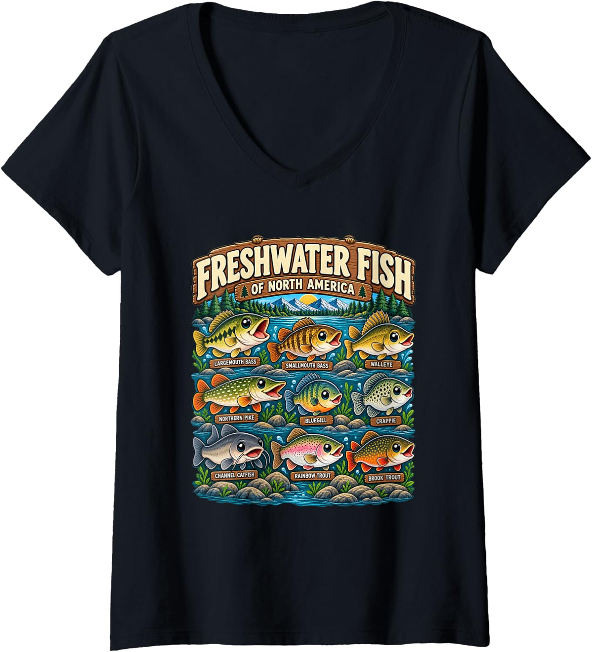 Women's Cute Freshwater Fish North America Bass Trout Fishing V-Neck T-Shirt - Black