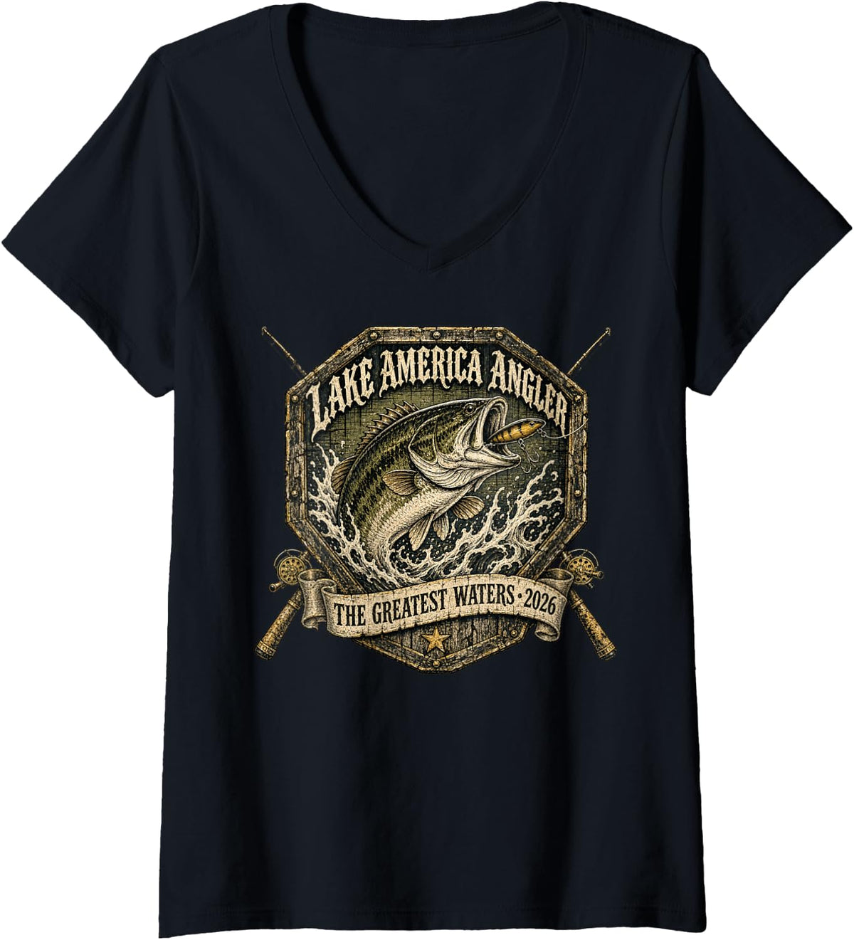 Women's Lake America Angler BASS Fishing Club V-Neck T-Shirt - Black