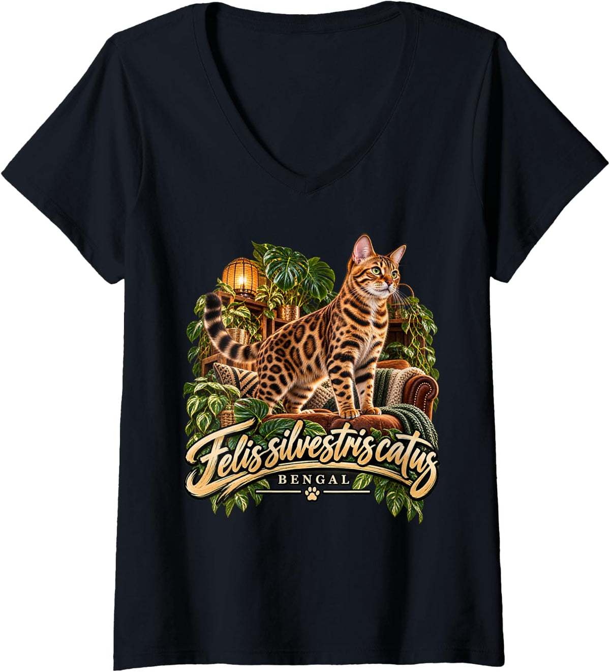 Women's Bengal Cat Felis Silvestris Catus Kitten Owner V-Neck T-Shirt - Black
