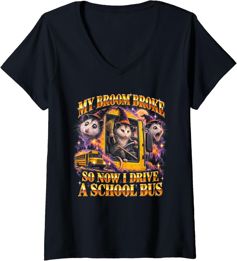 Women's My Broom Broke Now I Drive A School Bus Halloween Bus Driver V-Neck T-Shirt - Black