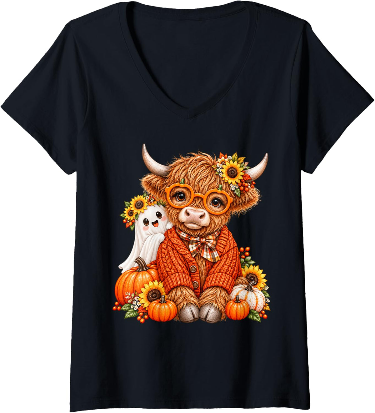 Women's Cute Highland Cow Ghost Fall Halloween Pumpkin Cowgirl Fall V-Neck T-Shirt - Black