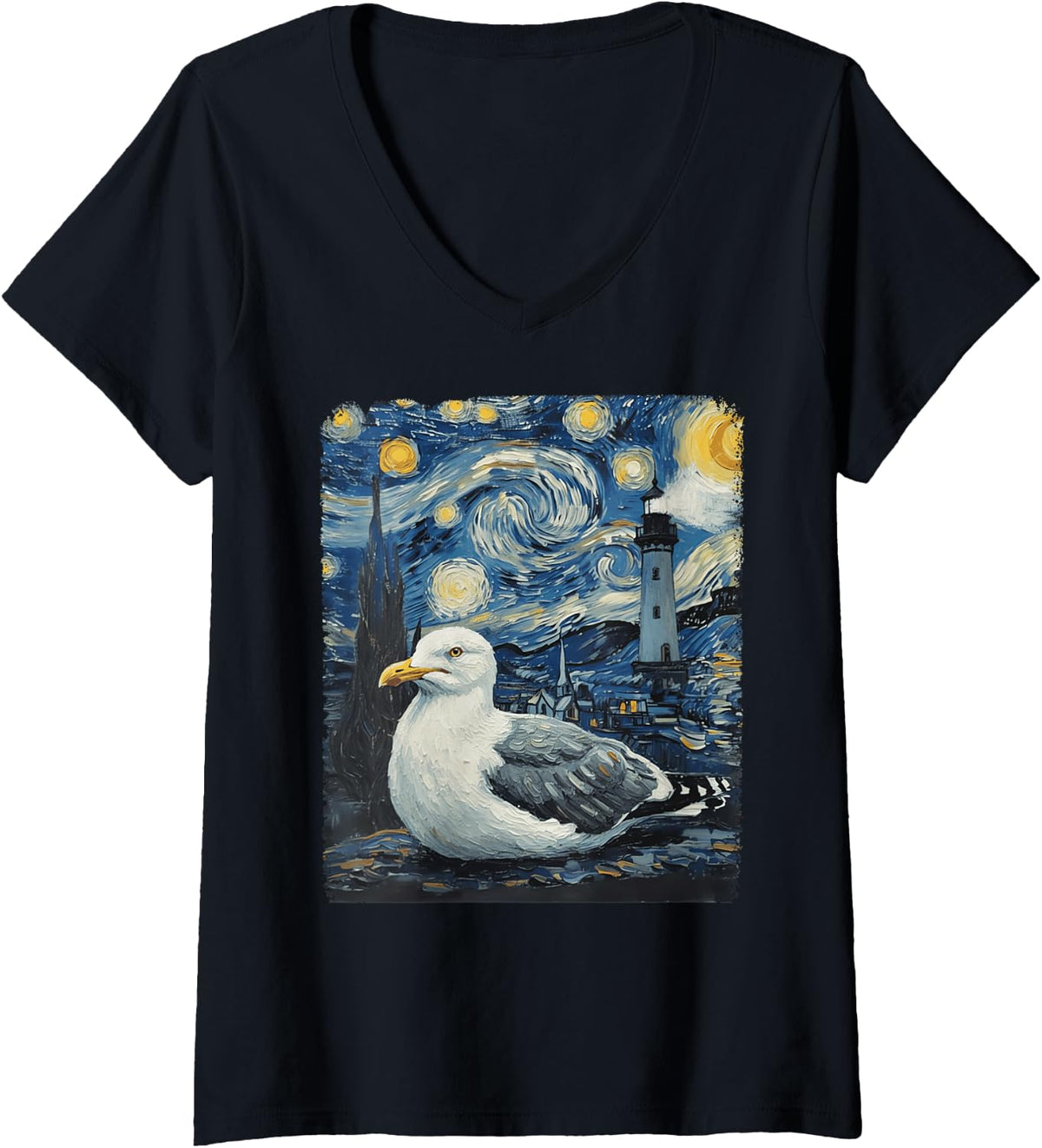 Women's Starry Night Van Gogh Seagull with Lighthouse Coast V-Neck T-Shirt - Black
