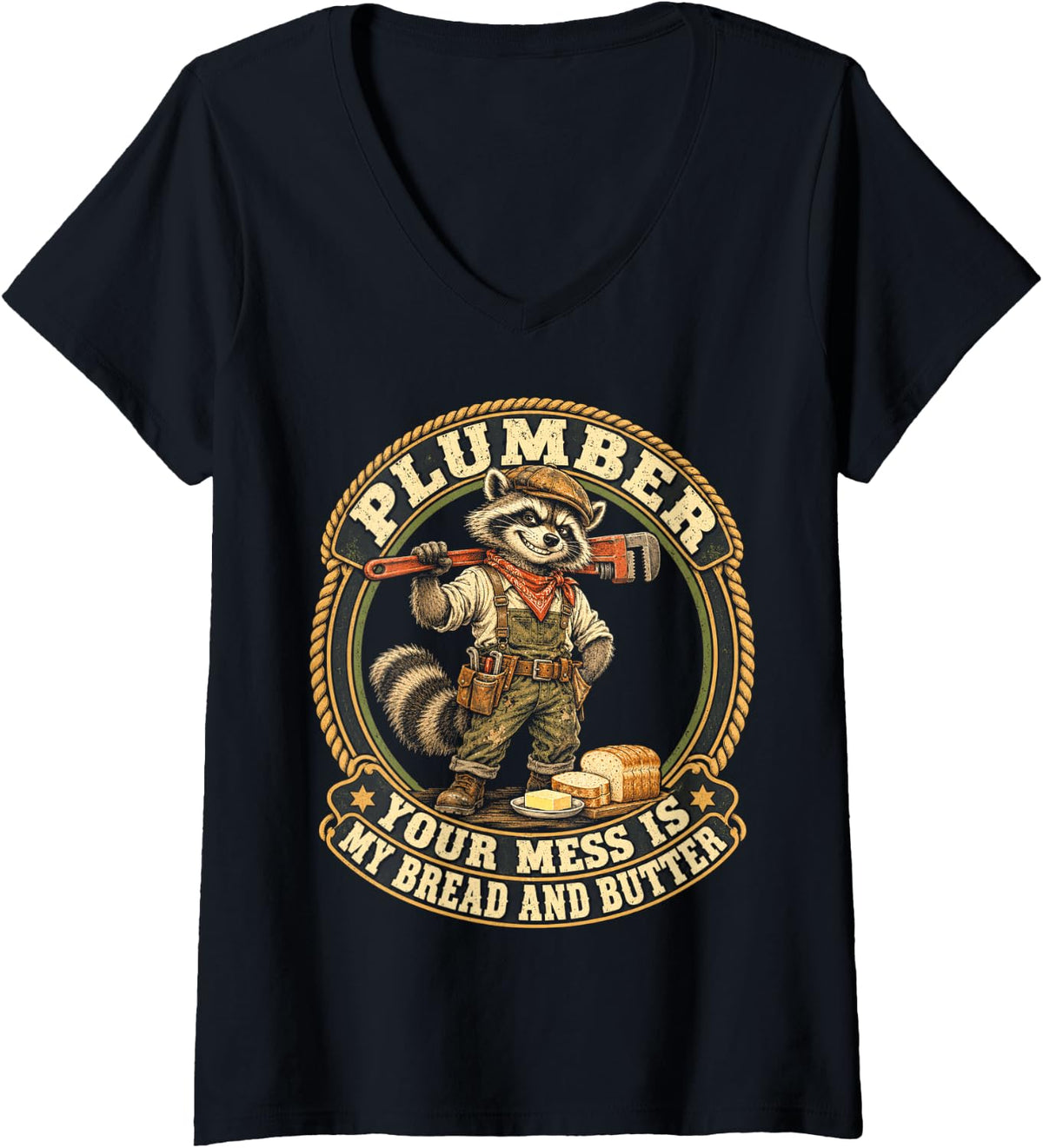 Women's Plumber Your Mess is My Bread and Butter Funny Plumbing V-Neck T-Shirt - Black