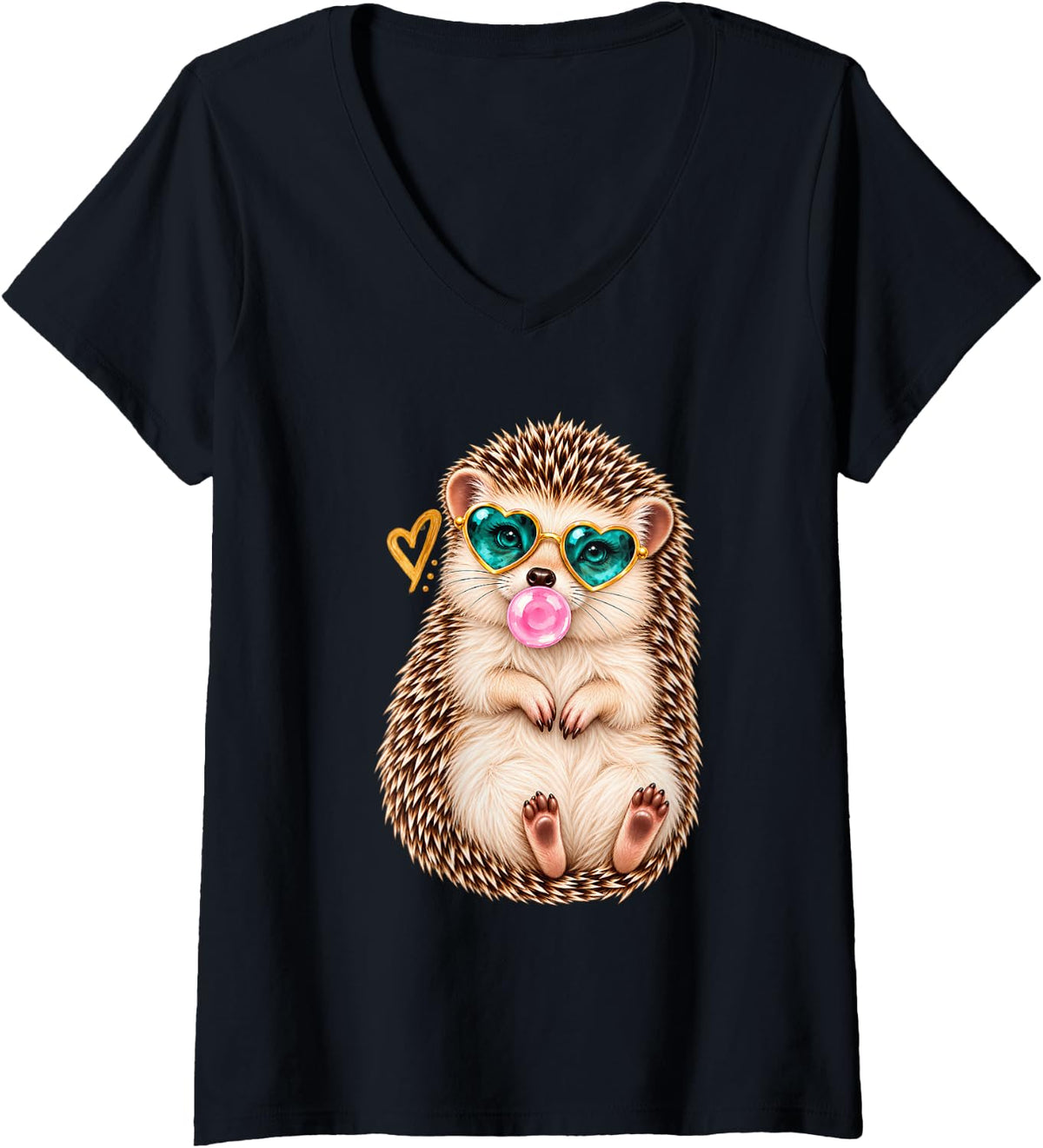 Women's Funny Hedgehog Bubblegum Sunglasses Funny Animal Women Girls V-Neck T-Shirt - Black