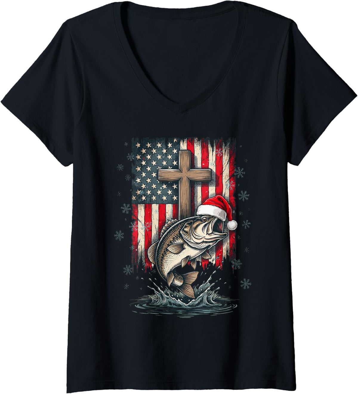 Women's Patriotic Christian Cross Fishing Christmas Bass V-Neck T-Shirt - Black