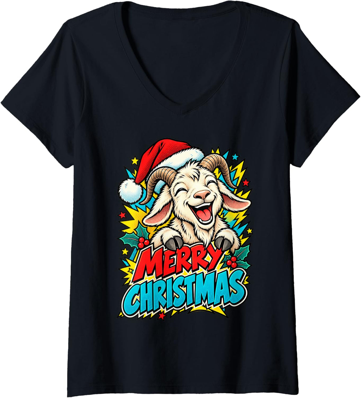 Women's Merry Christmas Smiling Goat Pop Art Santa Men Women Kids V-Neck T-Shirt - Black