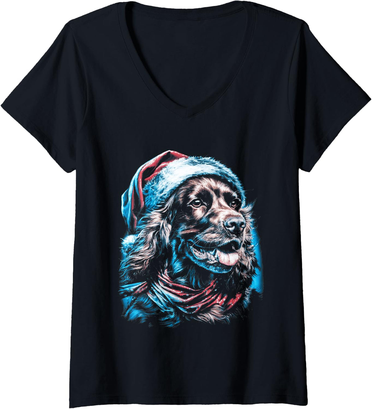 Women's Retro Christmas Cocker Spaniel with Santa Hat 90s Dog Xmas V-Neck T-Shirt - Black