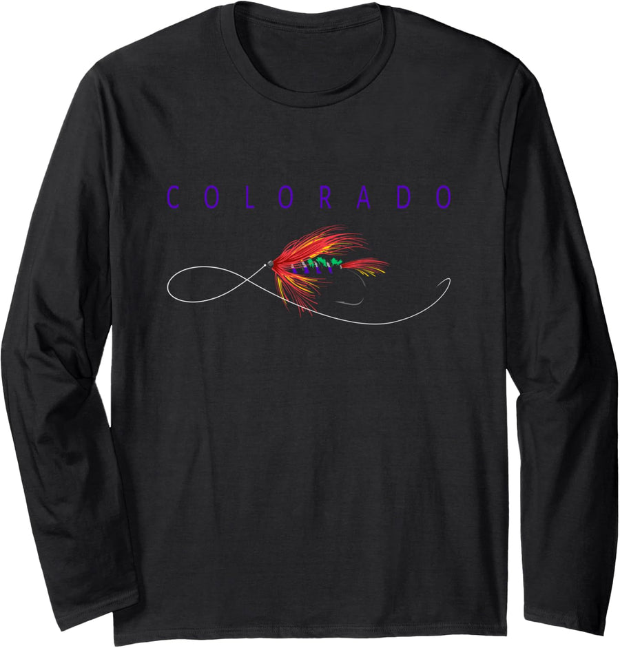Colorado Fly Fishing - Colorful Colorado - Fly and Fly Line Long Sleeve T-Shirt - Adult Unisex Black