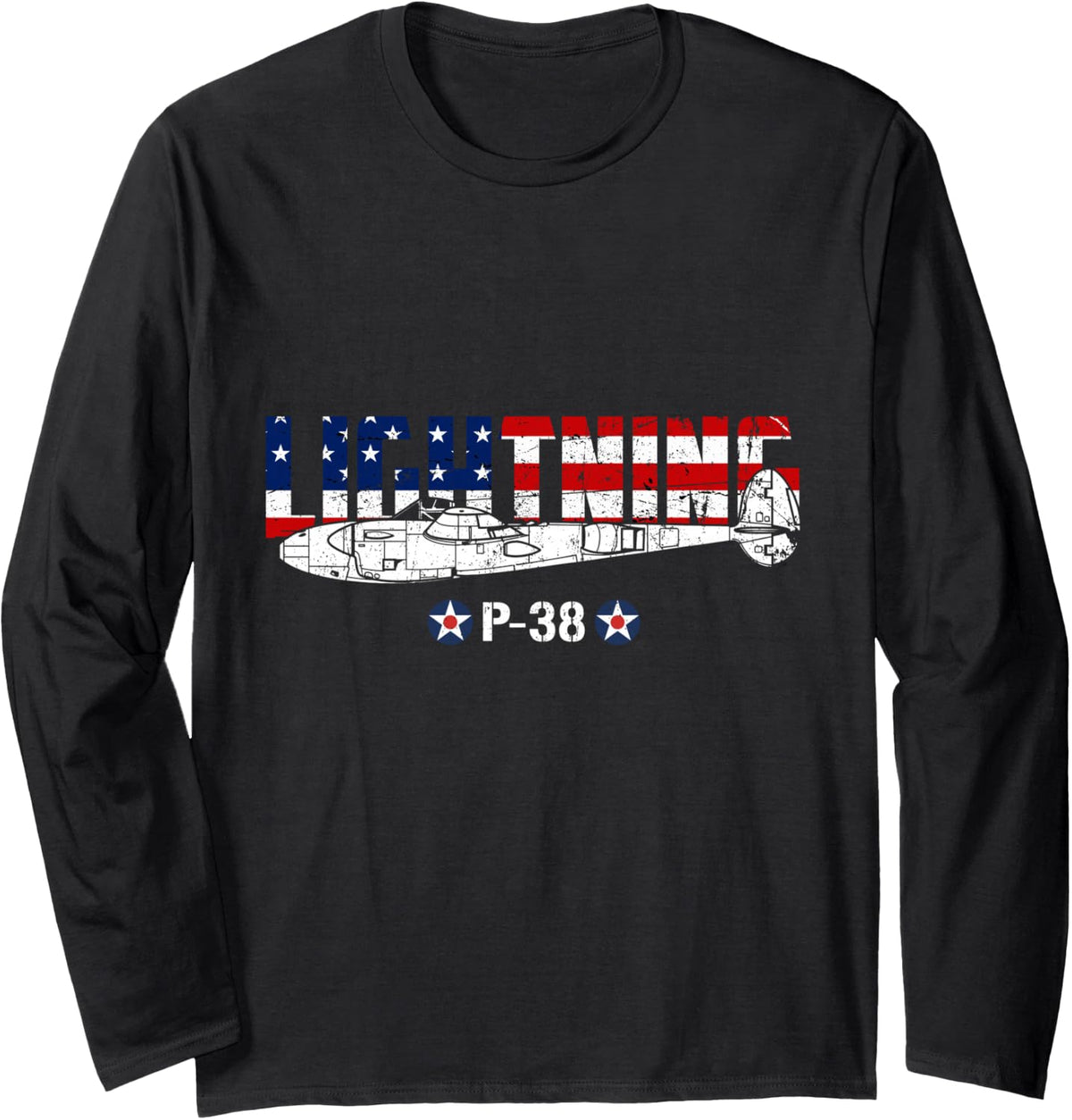 P-38 Lightning WW2 Military Aircraft Flag USA Fighter Plane Long Sleeve T-Shirt - Adult Unisex Black