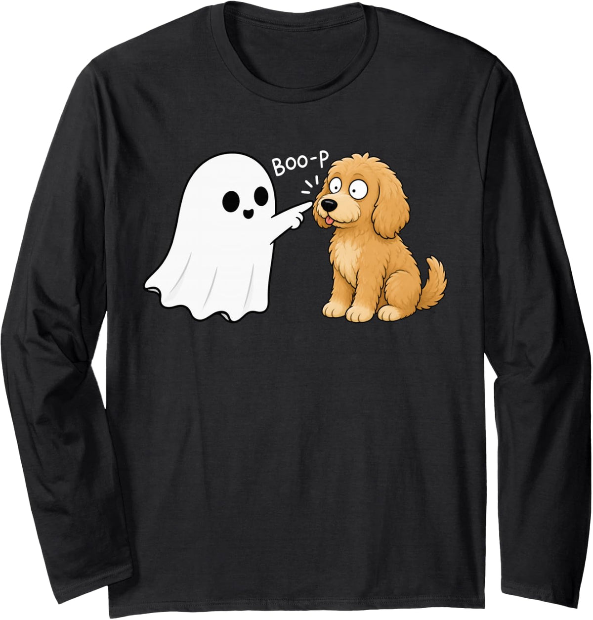 Cute Goldendoodle Dog Boop Ghost Halloween Long Sleeve T-Shirt - Adult Unisex Black