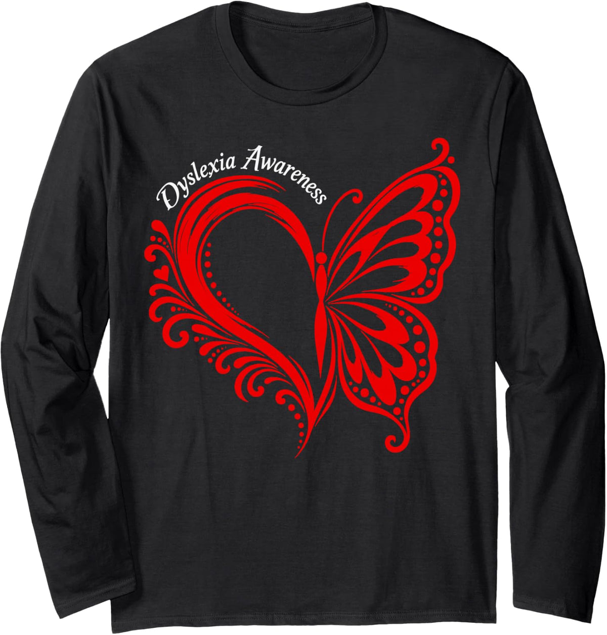 Butterfly Heart Dyslexia Awareness Long Sleeve T-Shirt - Adult Unisex Black
