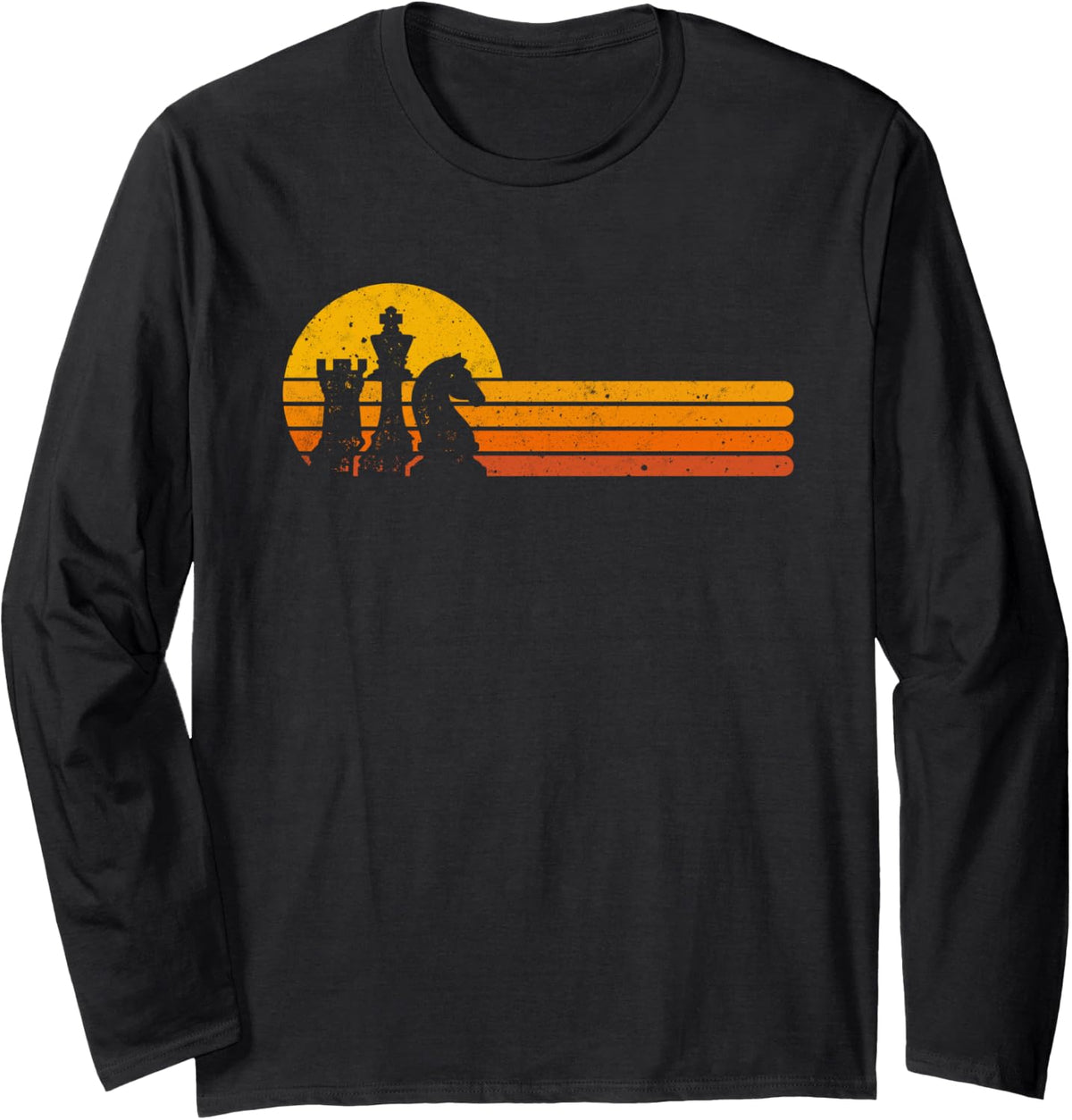 Vintage Chess Player Retro Sunset Design Chess Pieces Long Sleeve T-Shirt - Adult Unisex Black