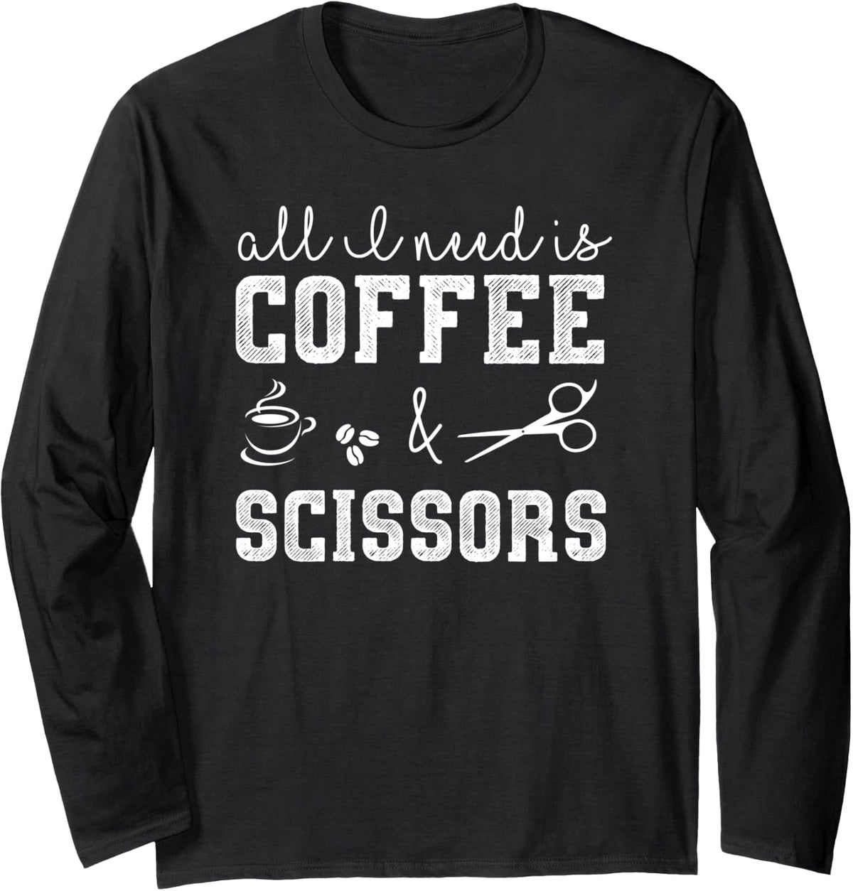 Cute Hairstylist Long Sleeve TShirt (Coffee And Scissors) - Adult Unisex Black