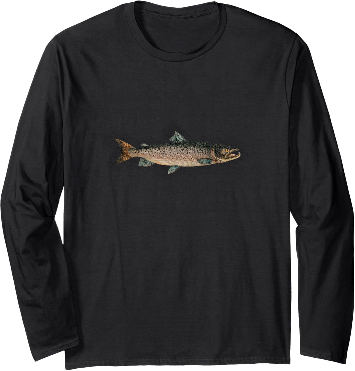 Atlantic Salmon Vintage Illustration da Vinci Style Fishing Long Sleeve T-Shirt - Adult Unisex Black