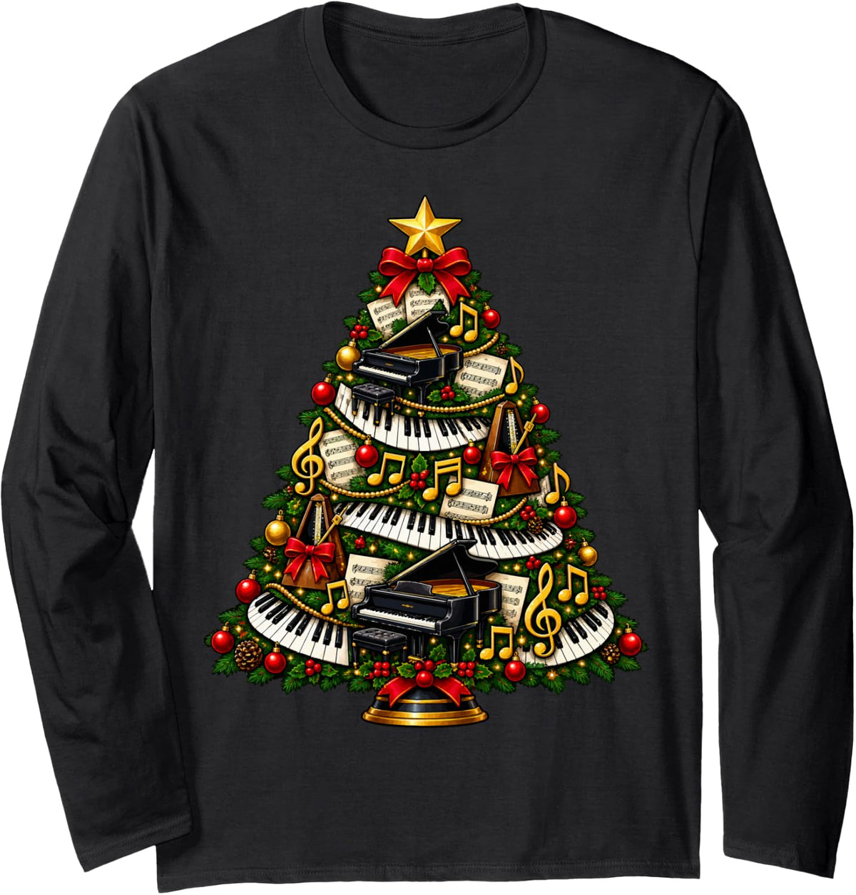 Pianist Christmas Tree Long Sleeve T-Shirt - Adult Unisex Black
