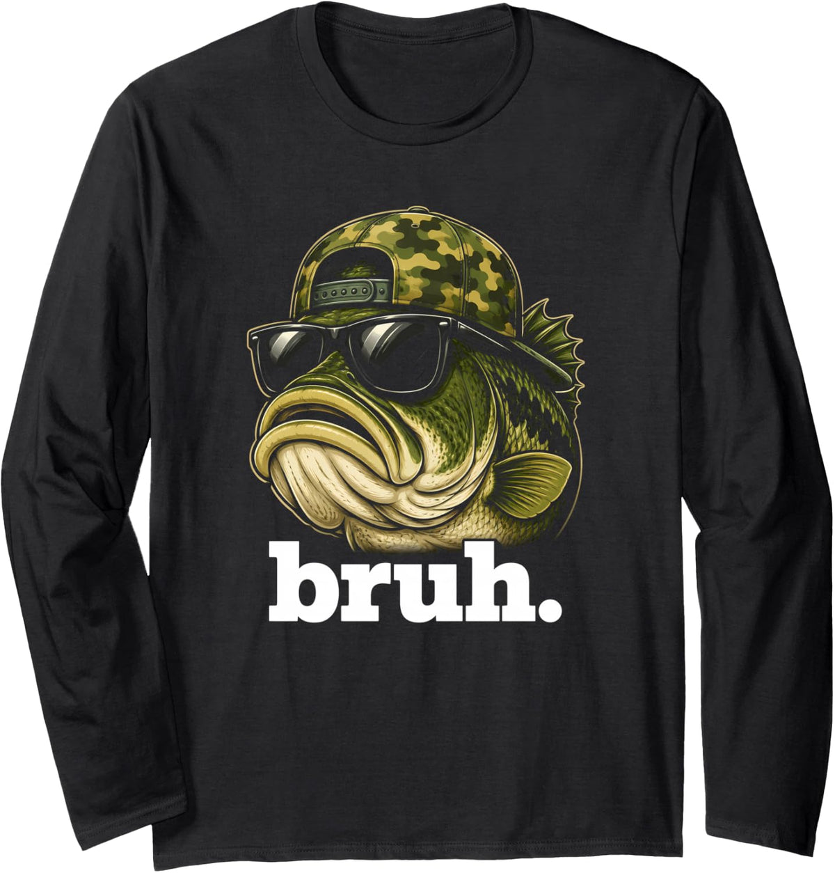 Funny Cartoon Largemouth Bass Sunglasses Angler Humor Bruh Long Sleeve T-Shirt - Adult Unisex Black