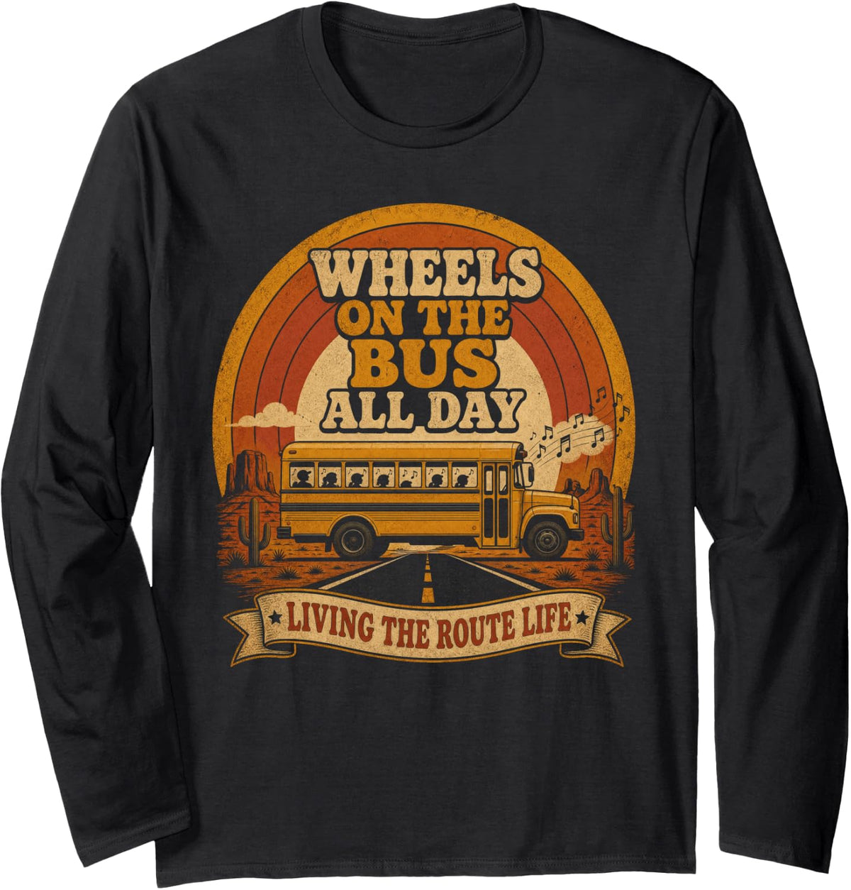 Wheels On The Bus All Day School Bus Driver Retro Long Sleeve T-Shirt - Adult Unisex Black