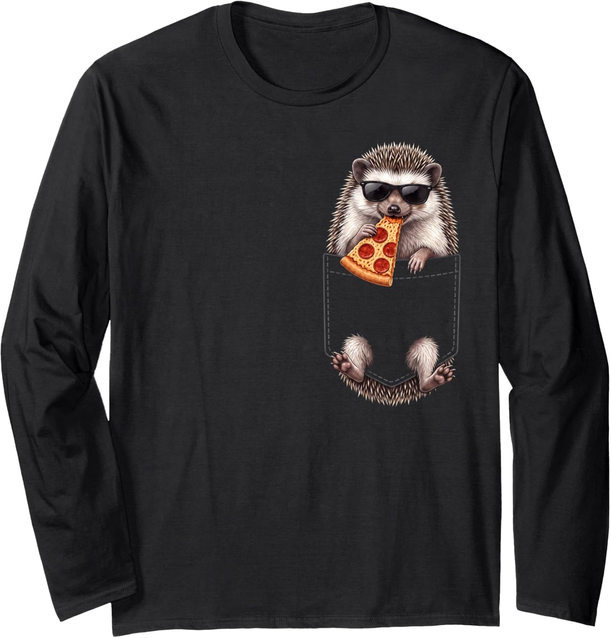 Hedgehog Pocket Pizza Slice Italian Food Lover Long Sleeve T-Shirt - Adult Unisex Black