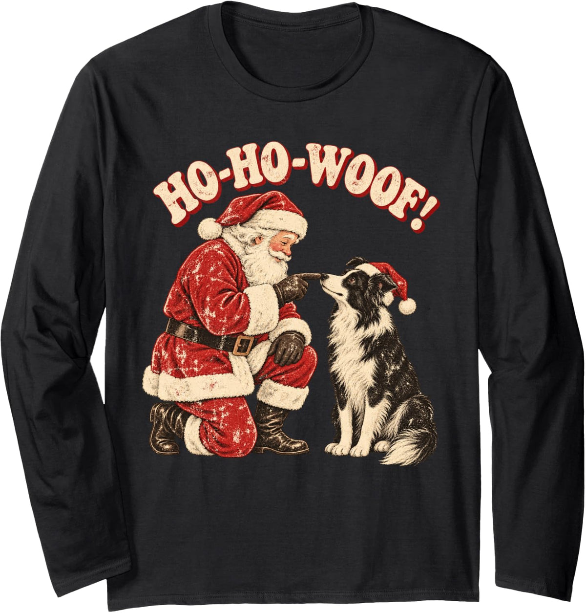 Santa Border Collie Retro Christmas Dog Ho Ho Woof Long Sleeve T-Shirt - Adult Unisex Black