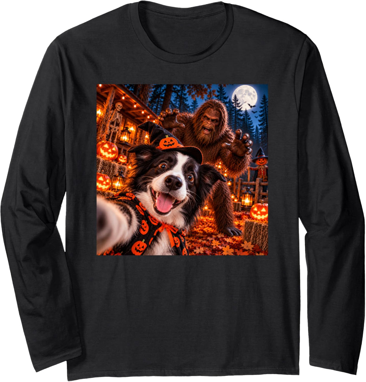 Border Collie Selfie Halloween Dog Bigfoot Funny Photobomb Long Sleeve T-Shirt - Adult Unisex Black