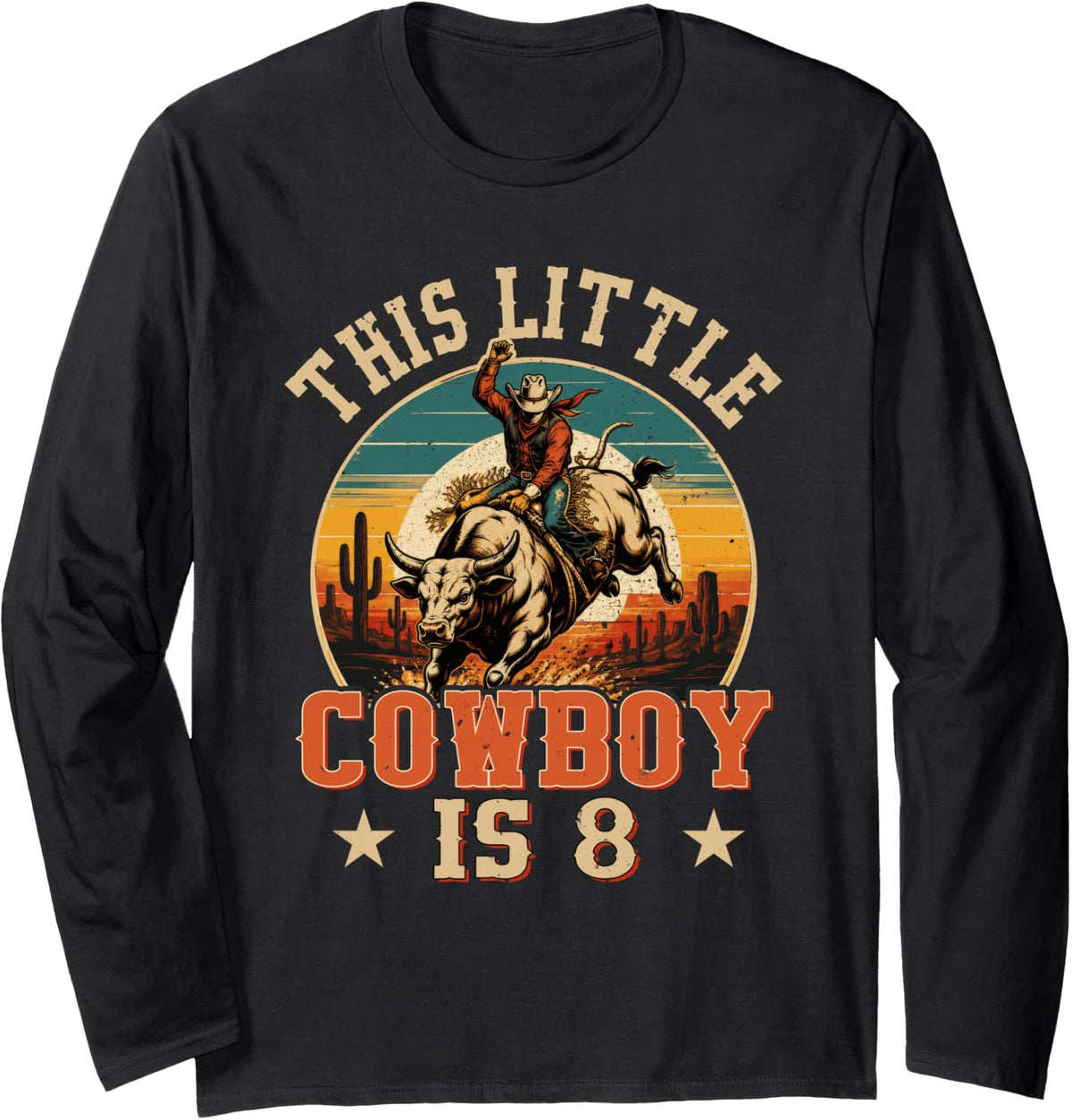 8 Years Old Bull Riding Lover 8th Birthday Cowboy Theme Long Sleeve T-Shirt - Adult Unisex Black