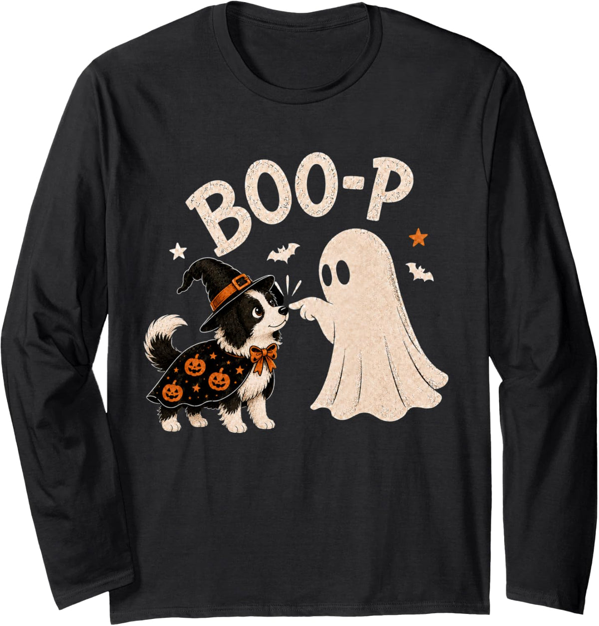 Border Collie Boo Boo-p Ghost Nose Boop Halloween Dog Lover Long Sleeve T-Shirt - Adult Unisex Black