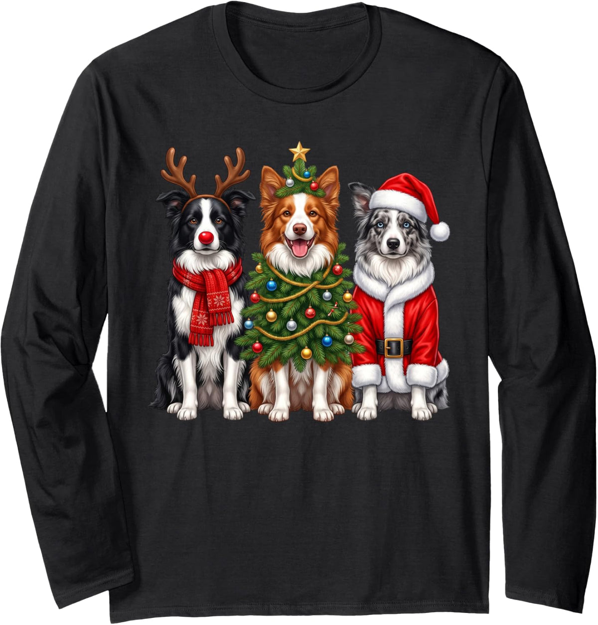 Retro Christmas Border Collies Santa Reindeer Dog Lover Long Sleeve T-Shirt - Adult Unisex Black
