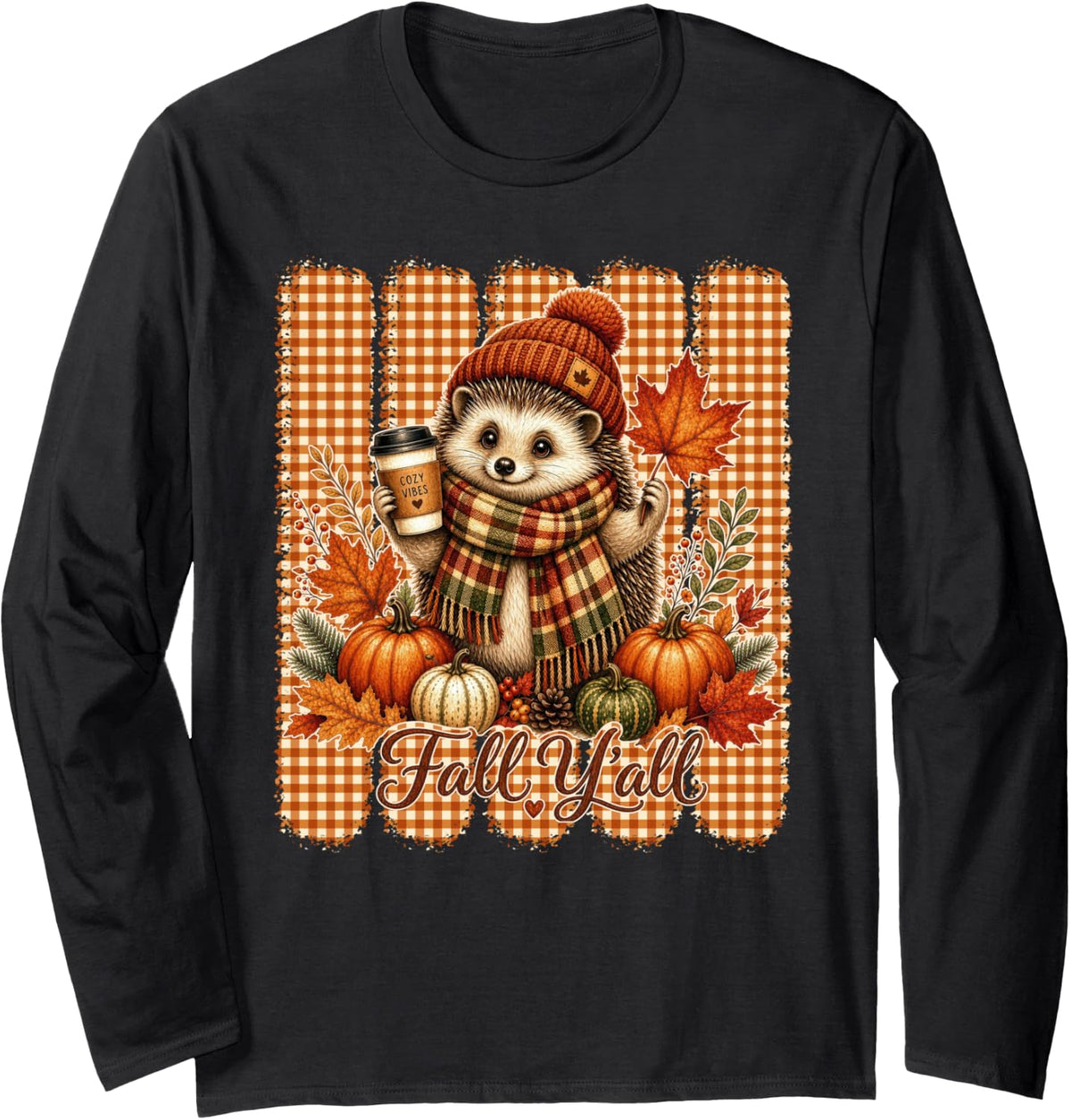 Fall Y'all Hedgehog with Gingham Stripes Autumn Long Sleeve T-Shirt - Adult Unisex Black