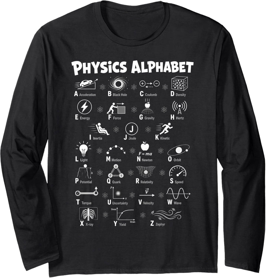 Physics Alphabet Science Teacher A to Z Terms Long Sleeve T-Shirt - Adult Unisex Black