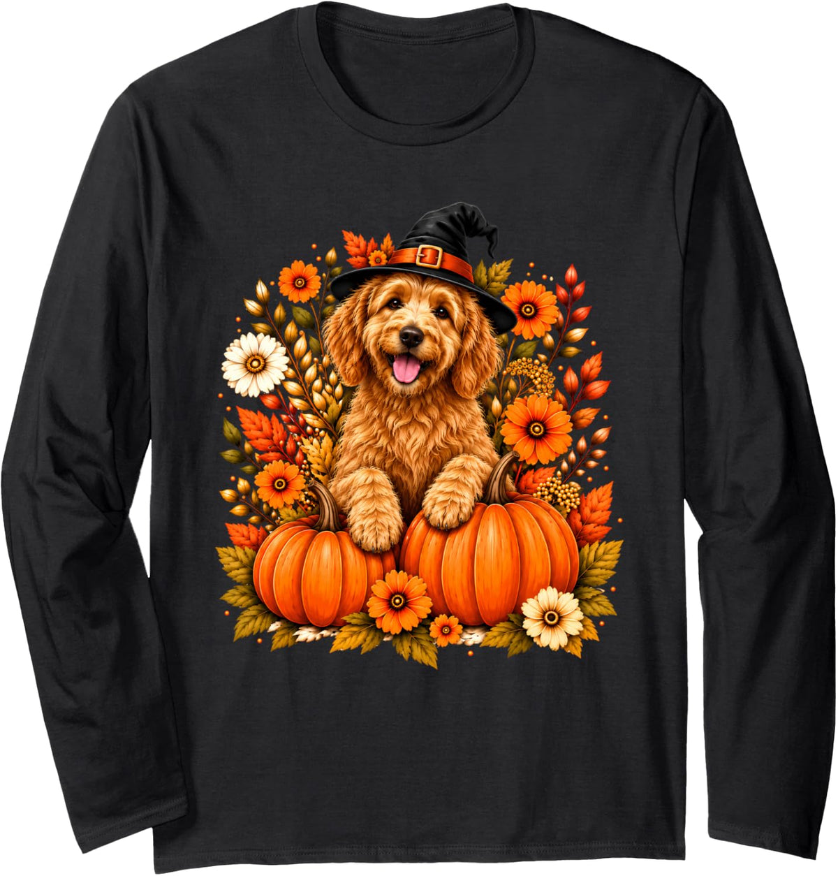 Goldendoodle Halloween Witch Floral Spooky Dog Lover Long Sleeve T-Shirt - Adult Unisex Black