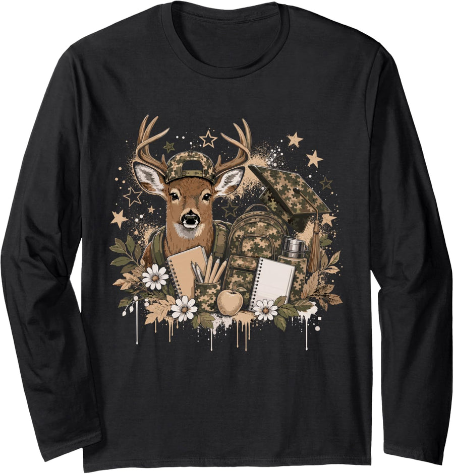 Hunting Back to School Camo Backpack Deer Hunter Student Long Sleeve T-Shirt - Adult Unisex Black