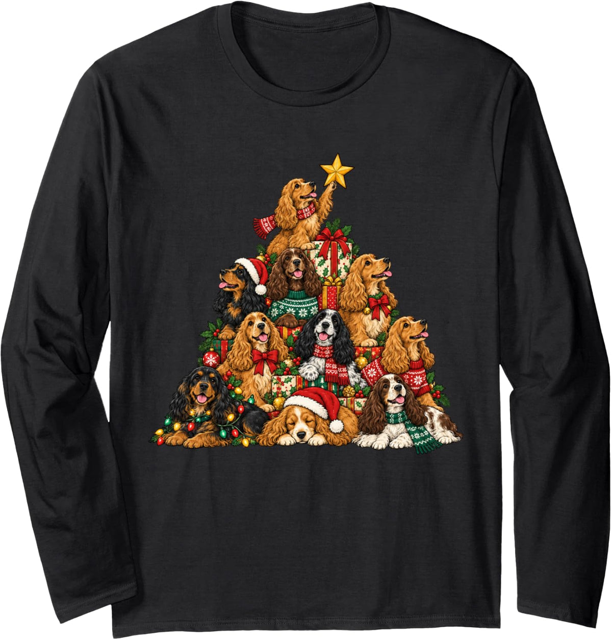 Funny English Cocker Spaniel Christmas Lights Tree Dog Lover Long Sleeve T-Shirt - Adult Unisex Black