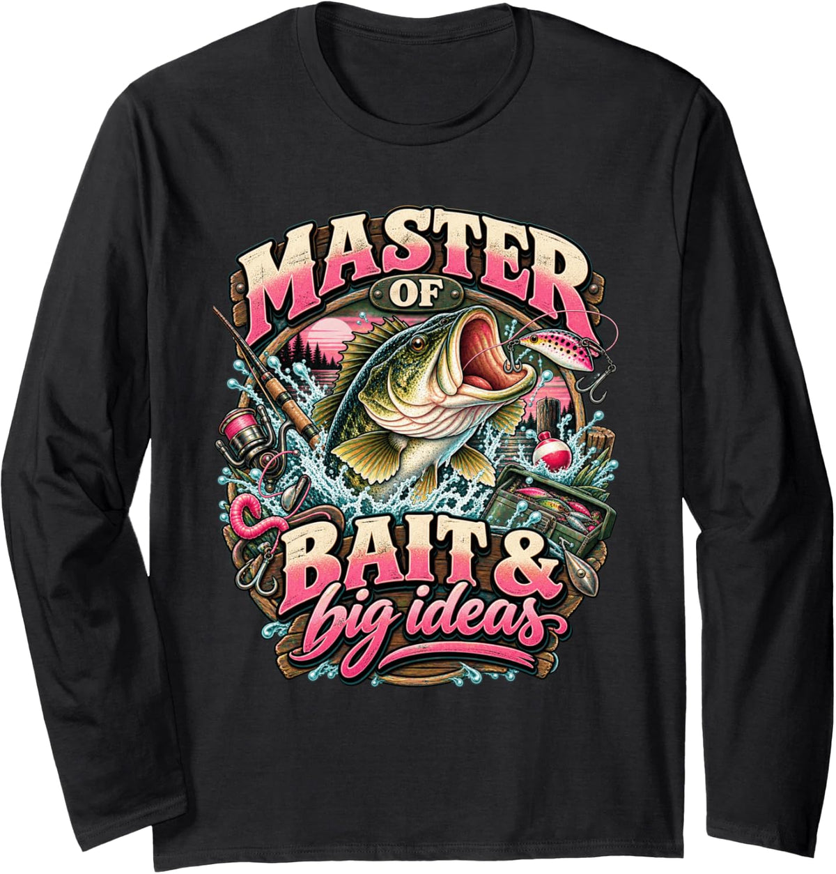 Master of Bait & Big Ideas Bass Fishing Angler Long Sleeve T-Shirt - Adult Unisex Black