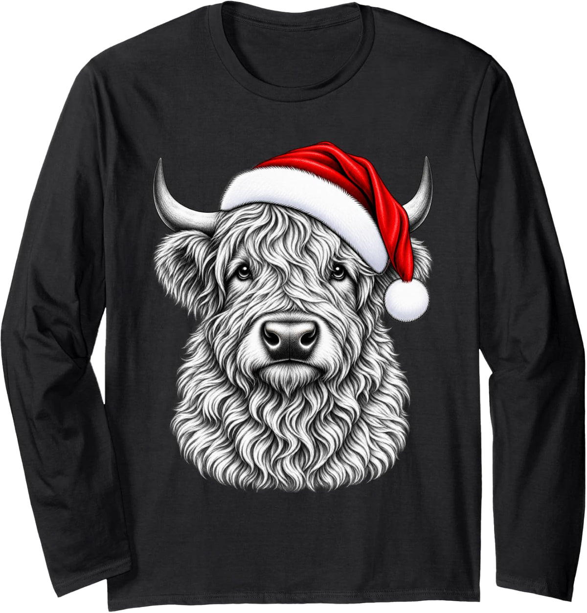 Highland Cow Christmas Santa Hat Men Women Kids Xmas Long Sleeve T-Shirt - Adult Unisex Black