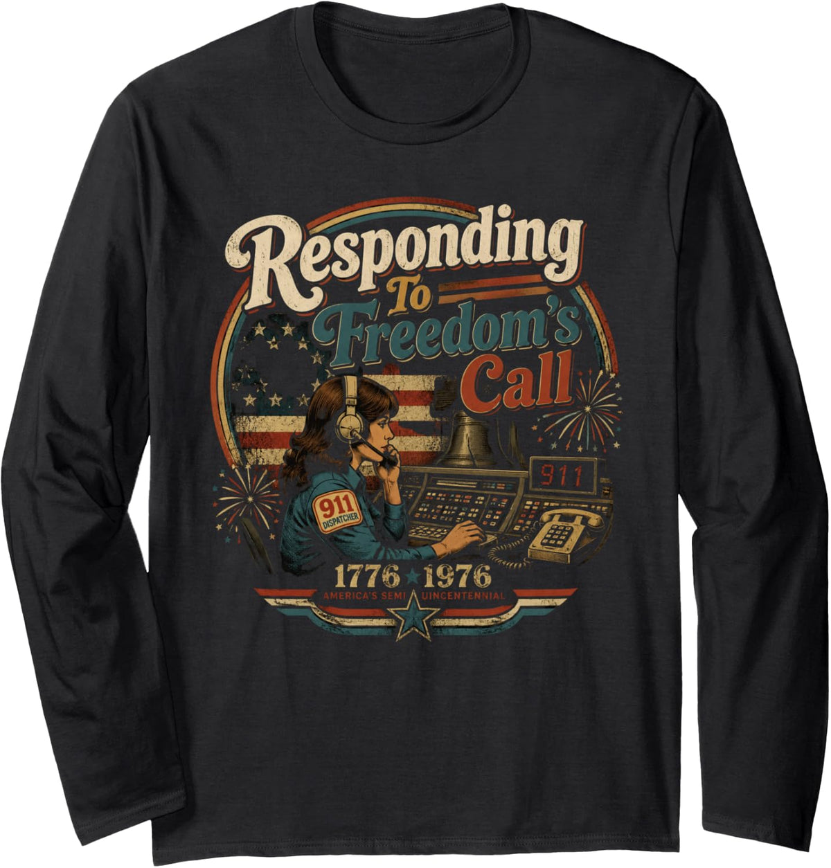 911 Dispatcher Retro Vintage 250 Years USA Anniversary Long Sleeve T-Shirt - Adult Unisex Black