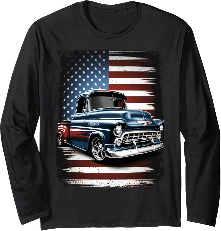 Classic Old Pickup Truck American Flag 4th of July Patriotic Long Sleeve T-Shirt - Adult Unisex Black