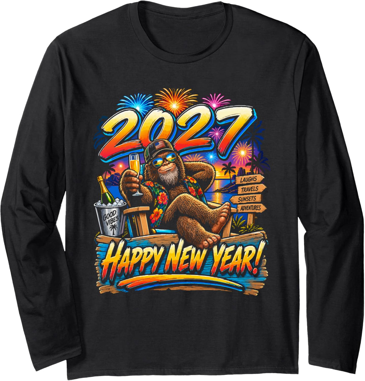 Bigfoot Happy New Year 2027 Tropical Celebration Design Long Sleeve T-Shirt - Adult Unisex Black