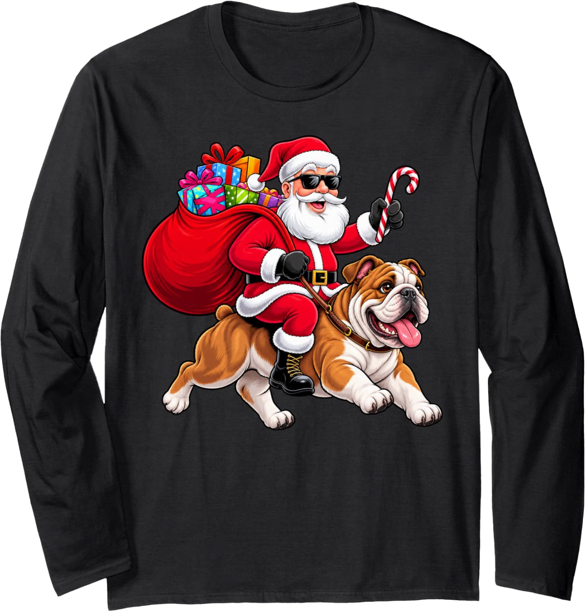 Xmas Santa Riding English Bulldog Lovers Pet Dog Christmas Long Sleeve T-Shirt - Adult Unisex Black