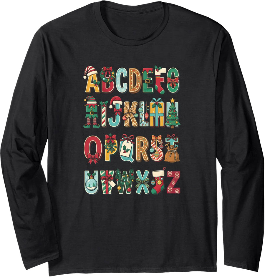 Christmas Alphabet Holiday Teacher Long Sleeve T-Shirt - Adult Unisex Black