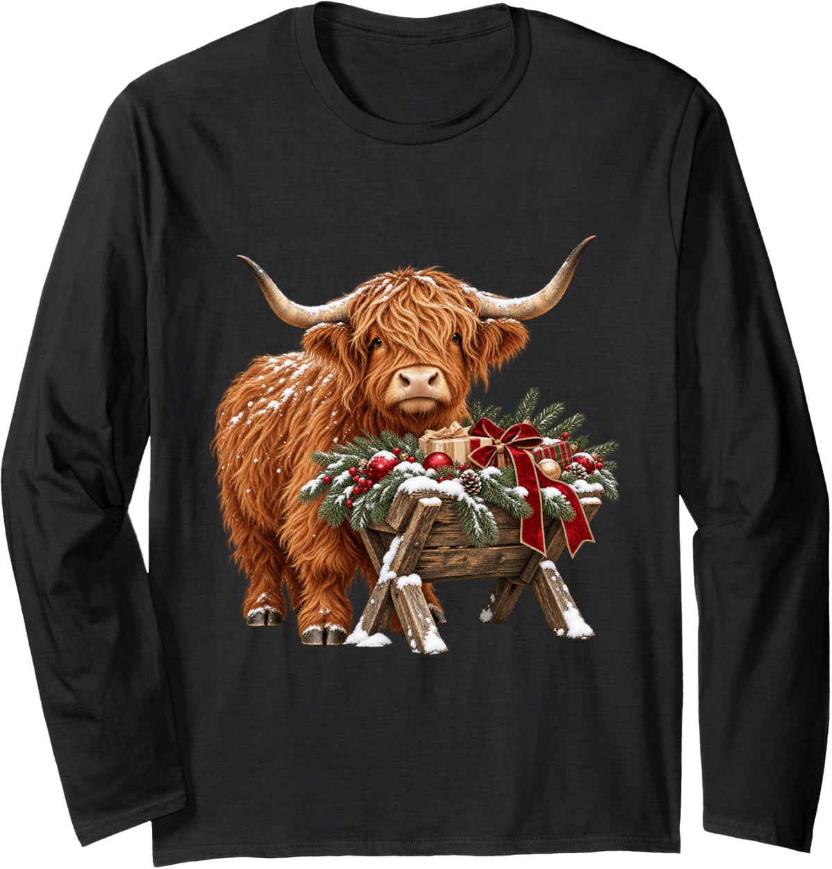 Highland Cow Christmas Cute Scottish Cow Holiday Long Sleeve T-Shirt - Adult Unisex Black