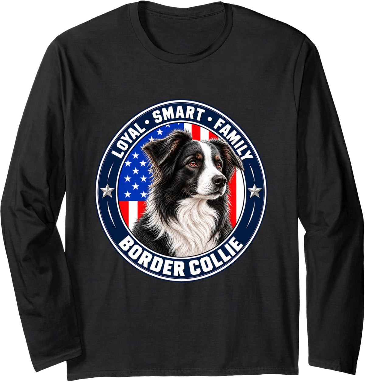 Border Collie Dog Lover Patriotic USA American Flag Long Sleeve T-Shirt - Adult Unisex Black