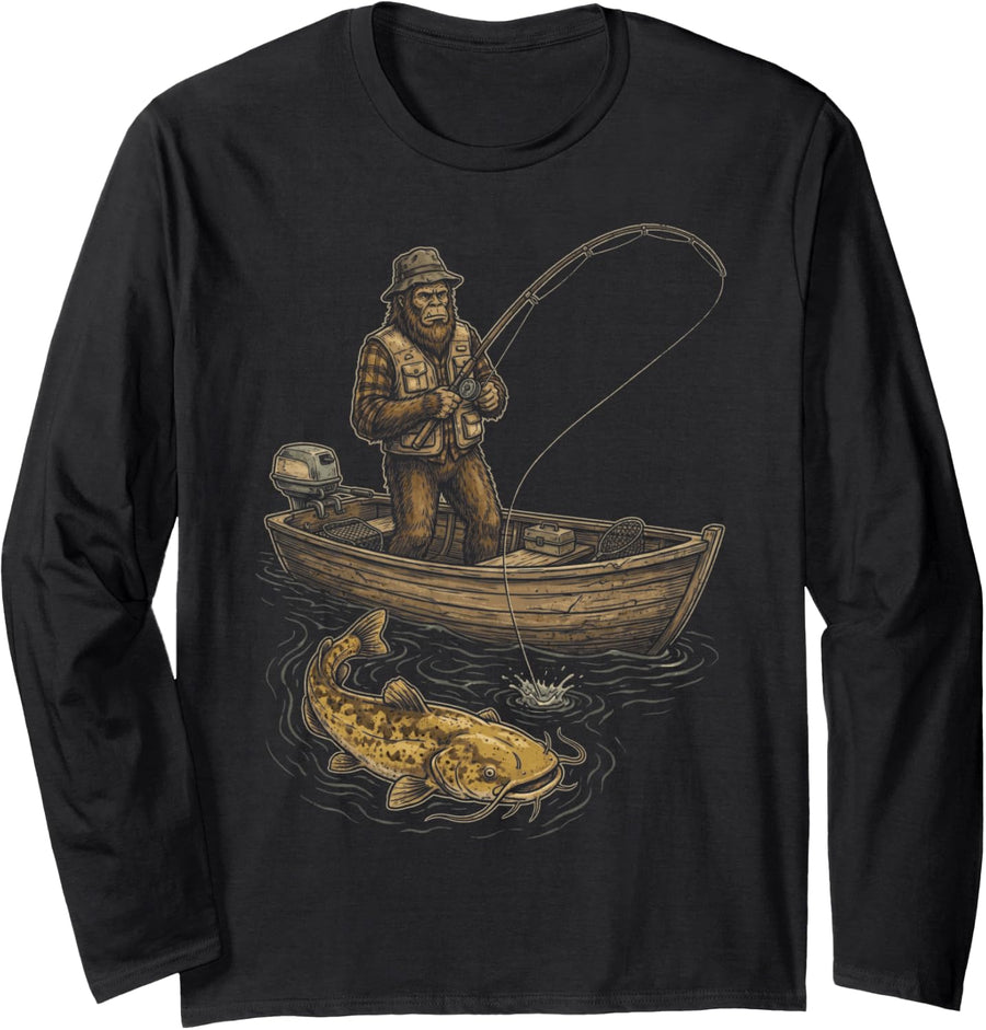 Catfishing Flathead Catfish Bigfoot Hunting Catfishermen Long Sleeve T-Shirt - Adult Unisex Black