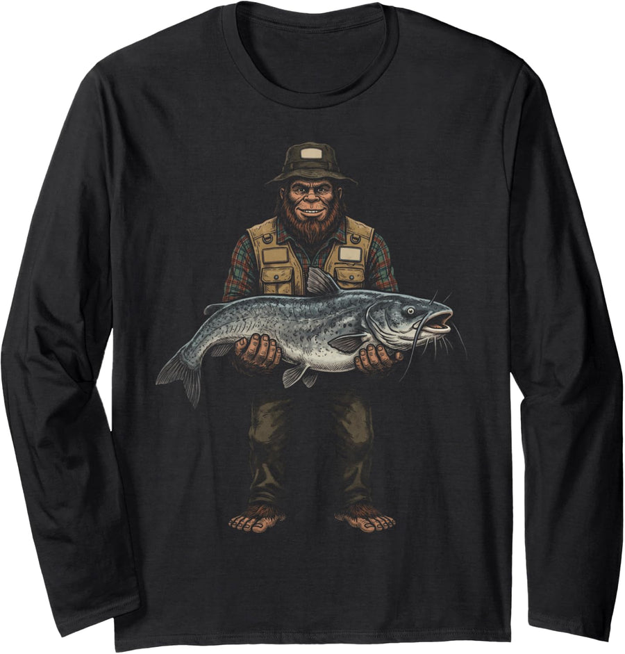 Catfishing Bigfoot Hunting Catfishermen Long Sleeve T-Shirt - Adult Unisex Black