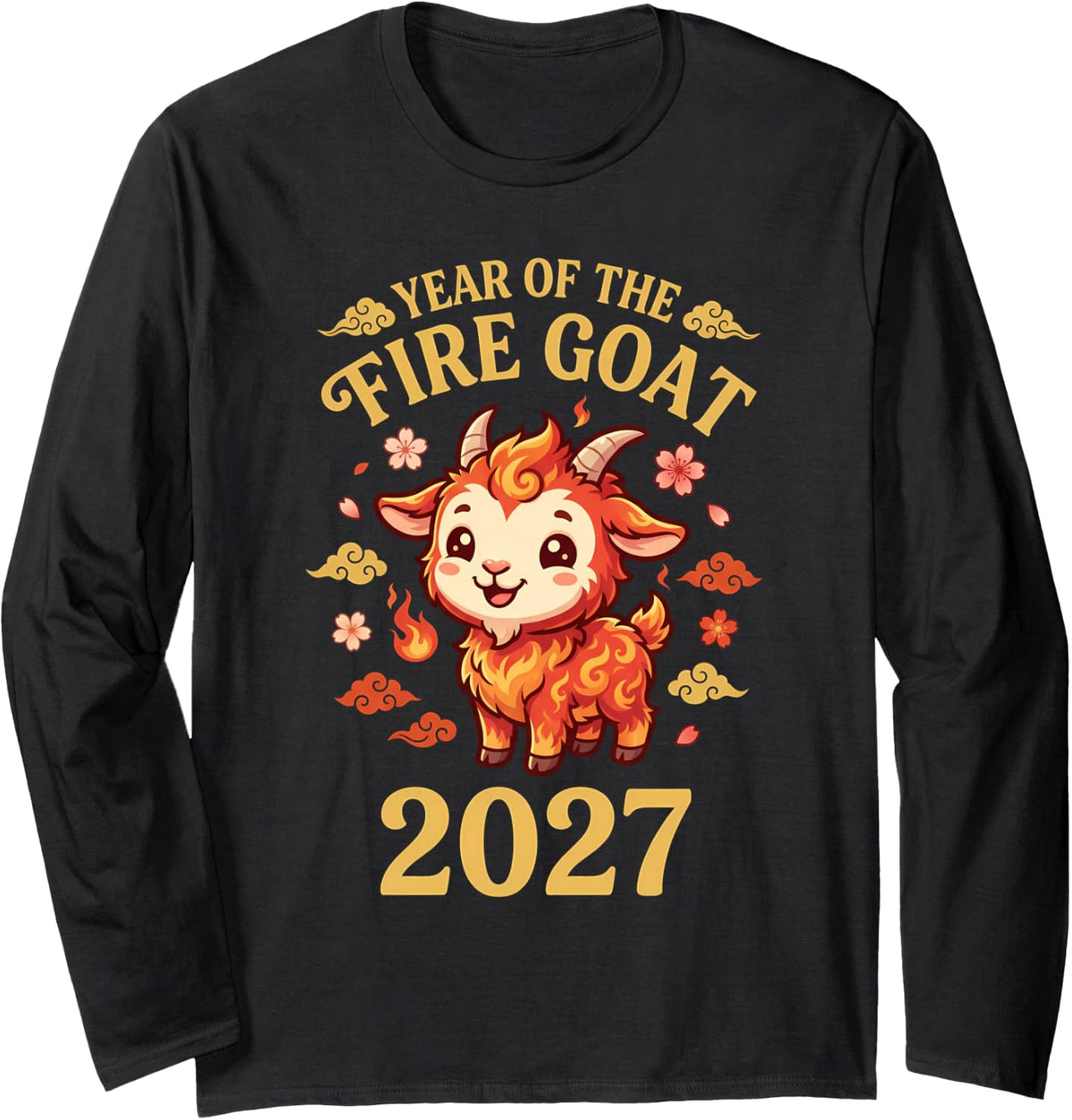 Cute Chibi Fire Goat 2027 Chinese New Year Dino Long Sleeve T-Shirt - Adult Unisex Black