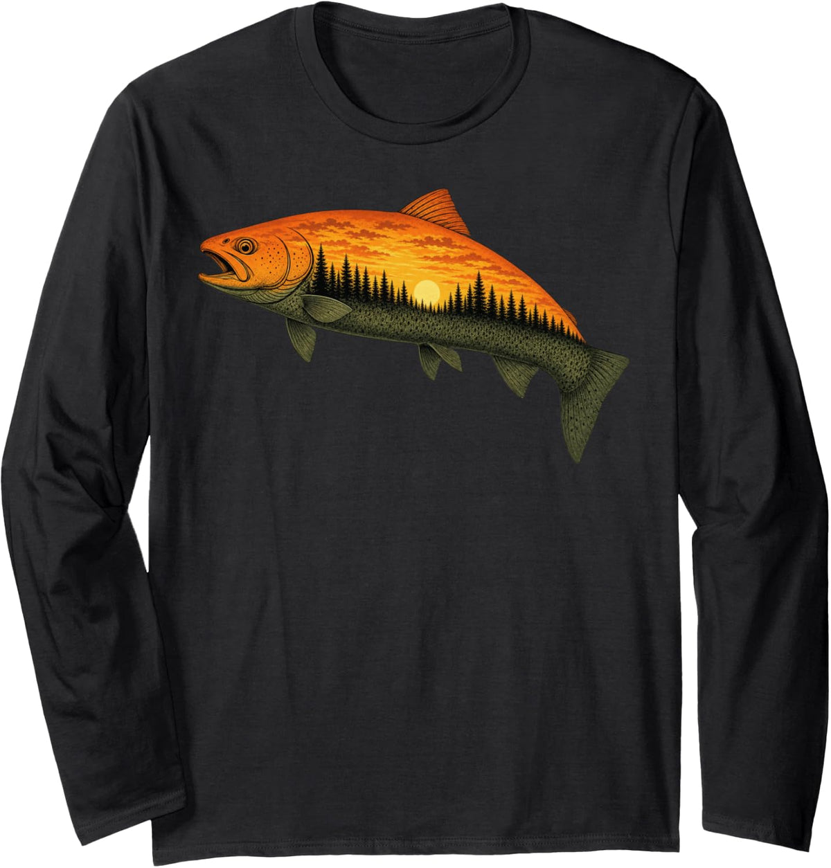Fishing, Trout, Fly Fishing, Angler Fisherman, Nature Forest Long Sleeve T-Shirt - Adult Unisex Black