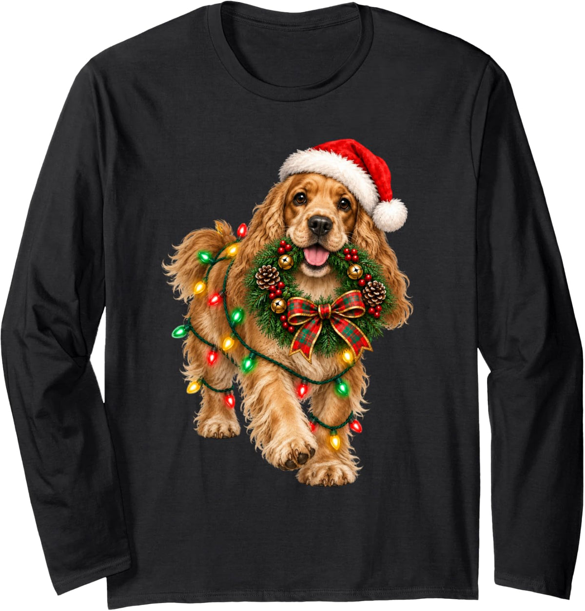 Cocker Spaniel Christmas Wreath Decoration Xmas Pajamas Long Sleeve T-Shirt - Adult Unisex Black