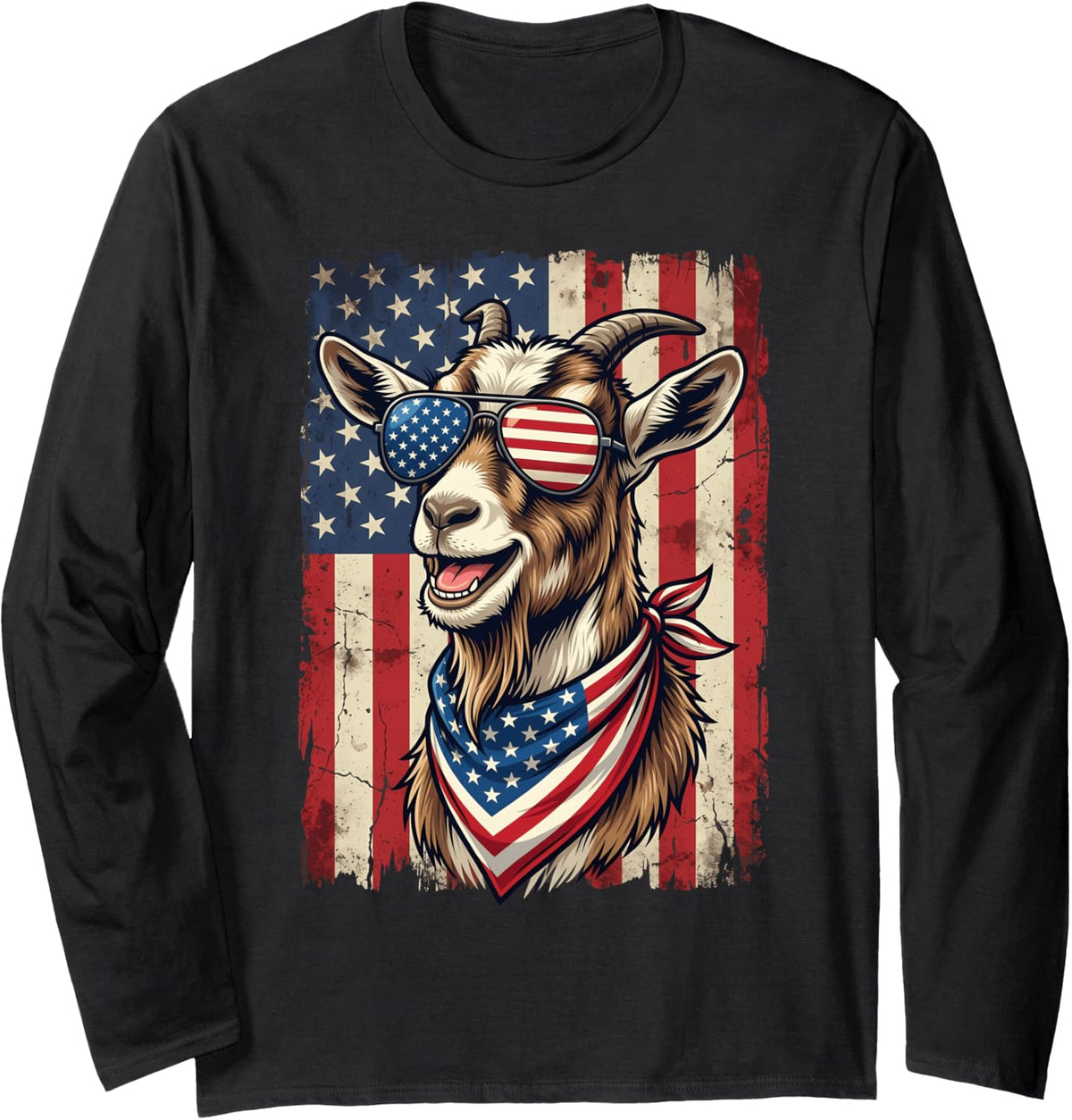 Goat Lover 4th of July Cute Goat Animal American Flag Long Sleeve T-Shirt - Adult Unisex Black