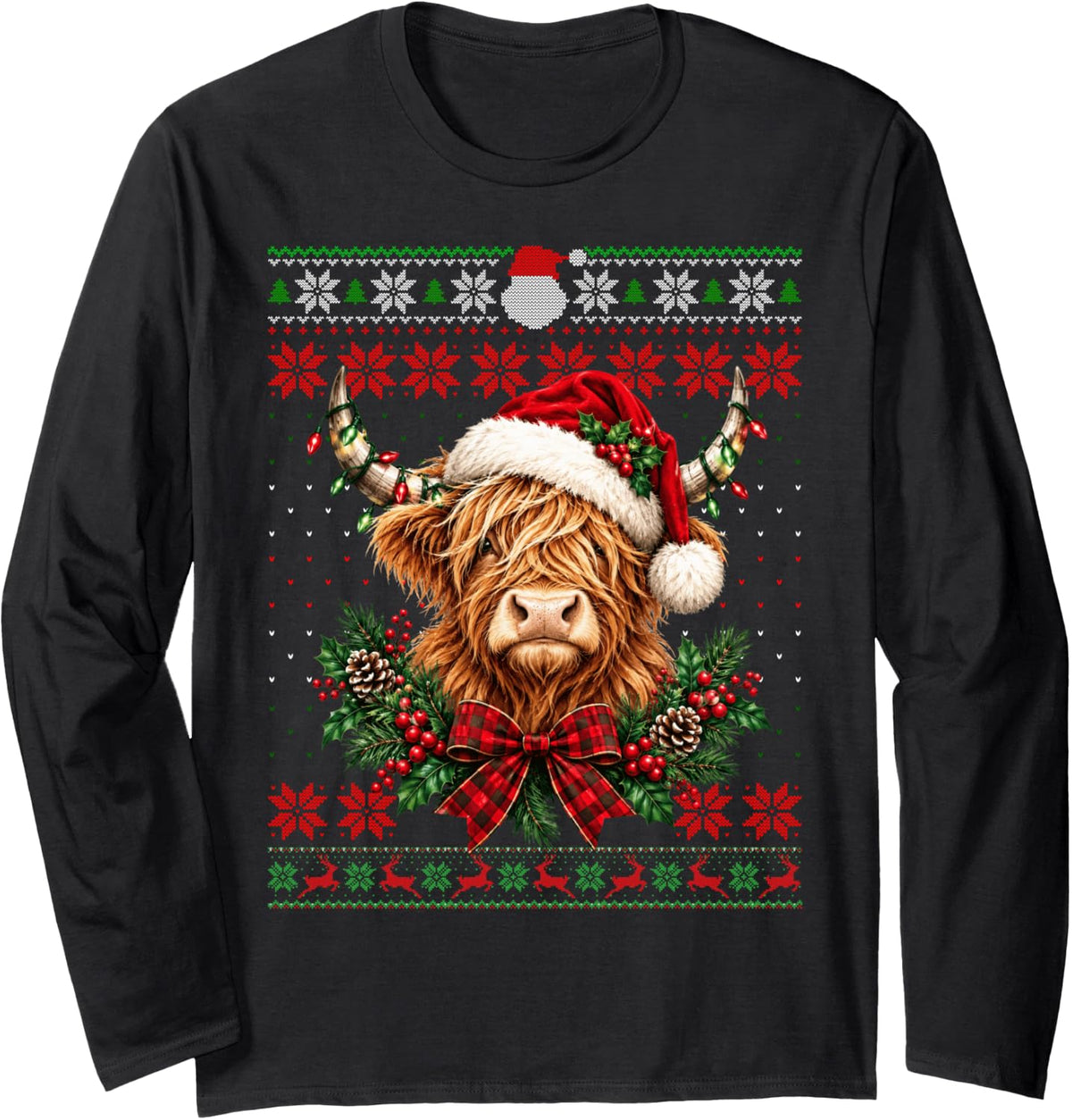 Highland Cow Santa Ugly Christmas Sweater Xmas Men Women Kid Long Sleeve T-Shirt - Adult Unisex Black